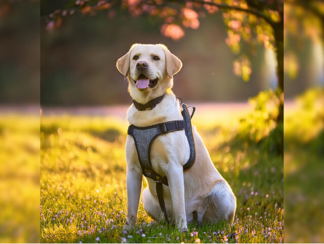 Dog outdoors with a harness on.