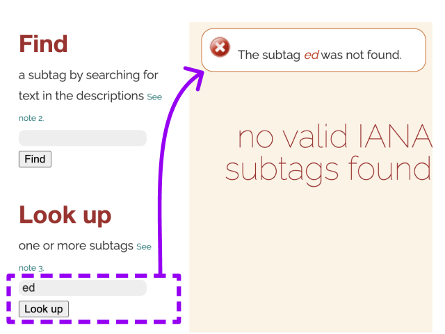 Screenshot of the results for “ed” when you use Look Up. The subtag ed was not found and no valid subtags were found