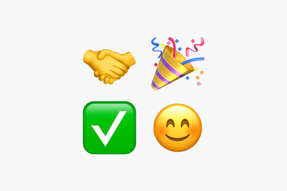 A collage of emojis including shaking hands, a celebration cone, a check box, and a smiley face.